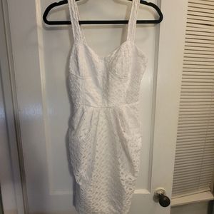 White, fitted bust, pleated skirt dress with pockets!